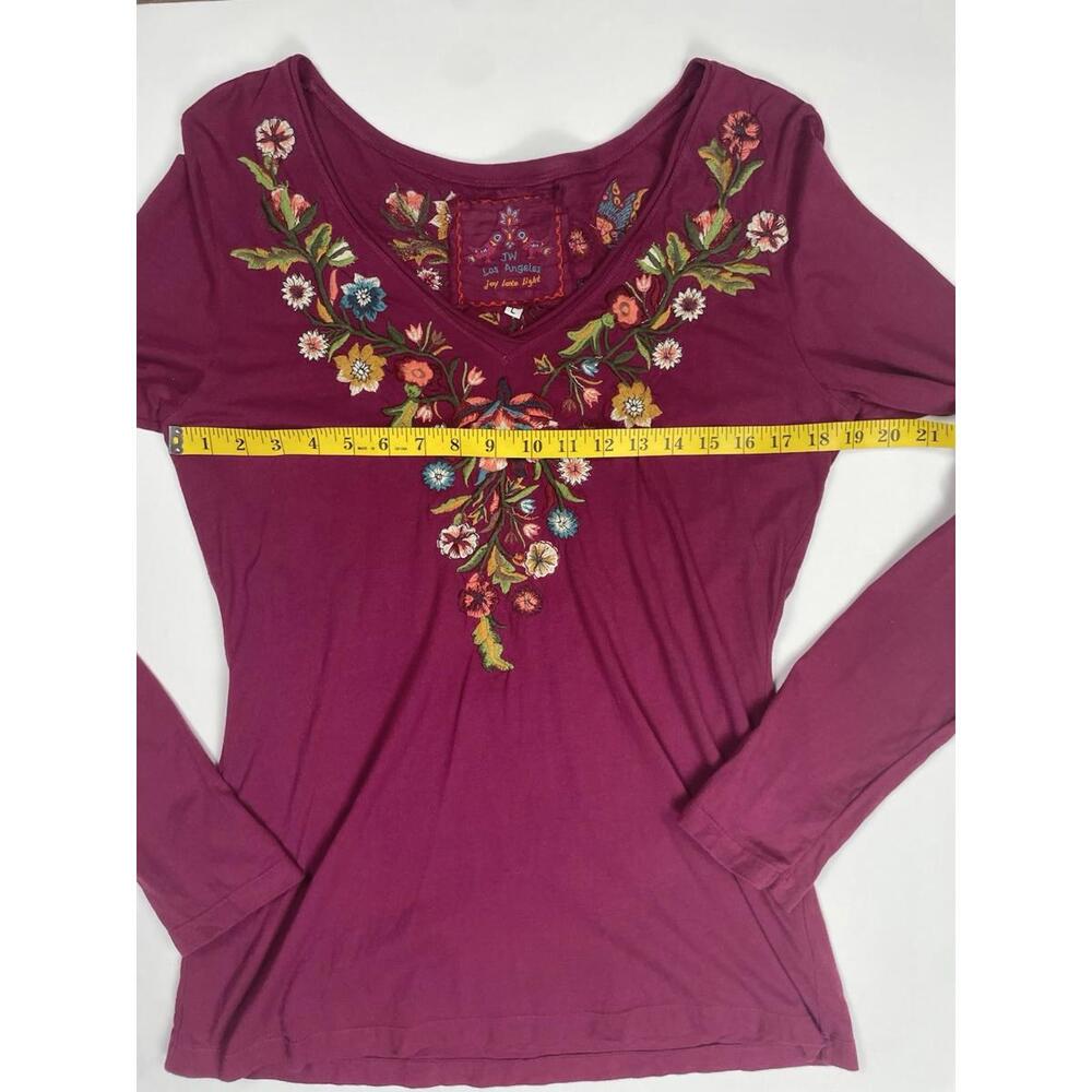 Johnny Was V Neck Burgundy Embroidered Floral Long Sleeve Tshirt Large - Picture 7 of 8